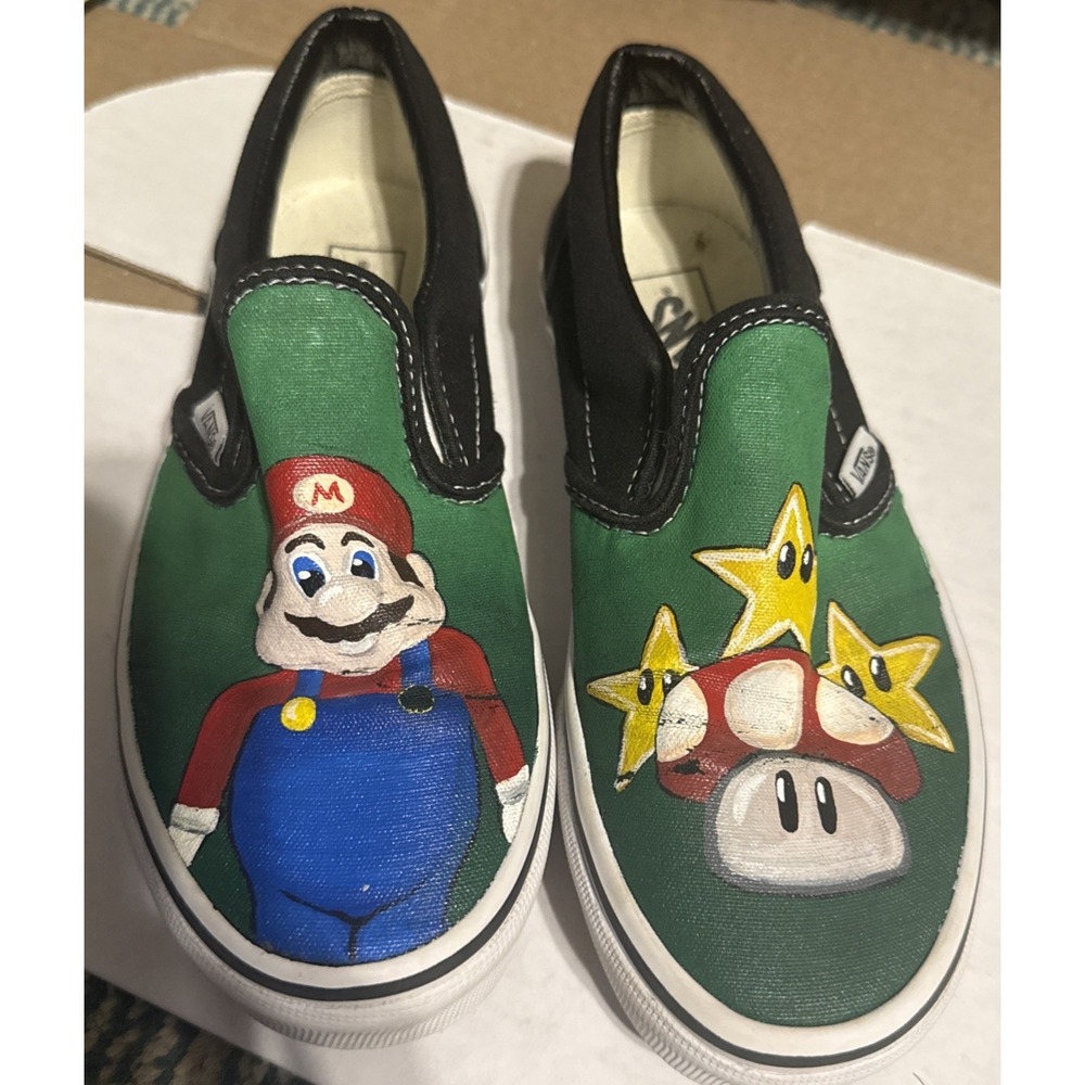Super Mario Custom Art Slip On Vans Boys Size 2.5 US  US Kids
